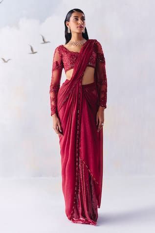 Ruby red pre-draped saree with rhinestone and cutdana highlights on the pallu and sequin embellishments on the waist. Paired with a sheer long sleeves padded blouse with bloom embroidery using tonal beads, cutdana, foil and 3D bloom highlights. - Aza Fashions Bloom Embroidery, Draped Saree, Padded Blouse, Drape Saree, Blouse For Women, Saree With Blouse, Embroidered Blouse, Ruby Red, Aza Fashion