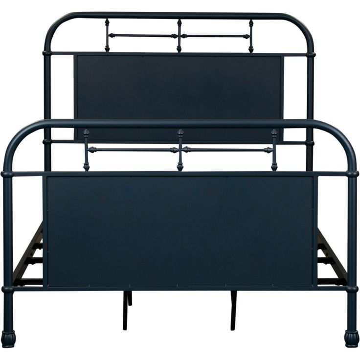 a metal bed frame with an open headboard and foot board on the bottom, against a white background