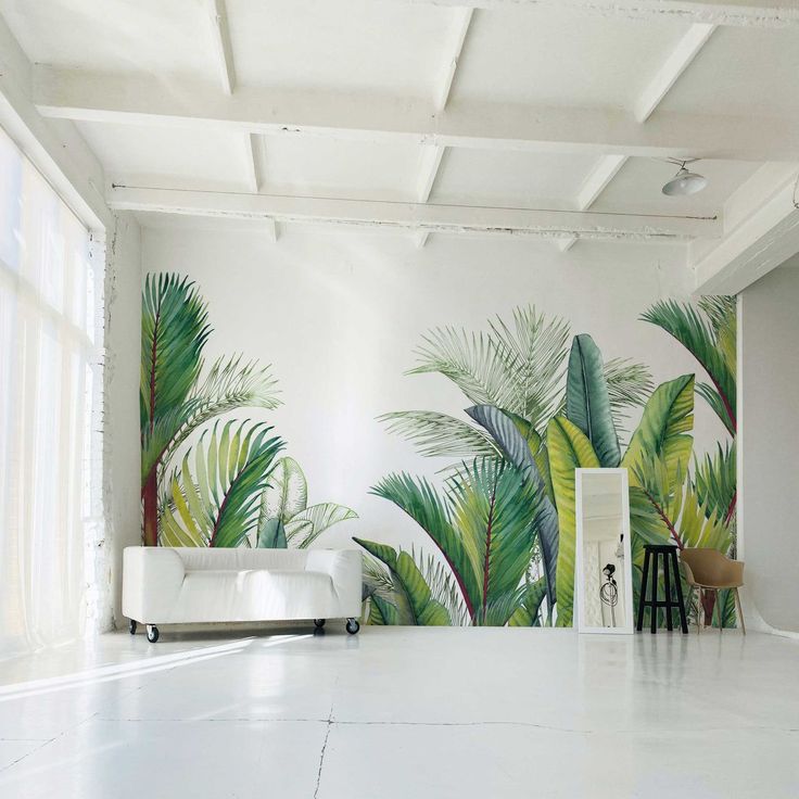 Fresh palm WIV-698 - 50 w x 86 height / peel & stick Tropical Wall Painting, Wall Murals Painted Outdoor, Green Sofa Living Room, Home Wall Painting, Tropical Frames, Jungle Mural, Creative Wall Painting, Palm Garden, Jungle Wall