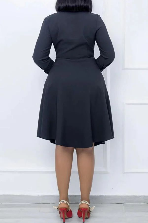 Commuter Contrast Covered Lapel Belt A-Line Midi Dress Solid Color V-neck Midi Dress For Office, Fall V-neck Midi Dress For Office, Long Sleeve Solid Color Mini Dress For Work, Solid Color Long Sleeve Mini Dress For Work, Fall V-neck Shirt Dress With Pockets, Solid V-neck Midi Dress For Office, Black Solid Color Office Dress, Fitted Knee-length Shirt Dress In Solid Color, Fitted Knee-length Solid Color Shirt Dress