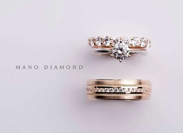 three different types of wedding rings with diamonds on them and the words mano diamond