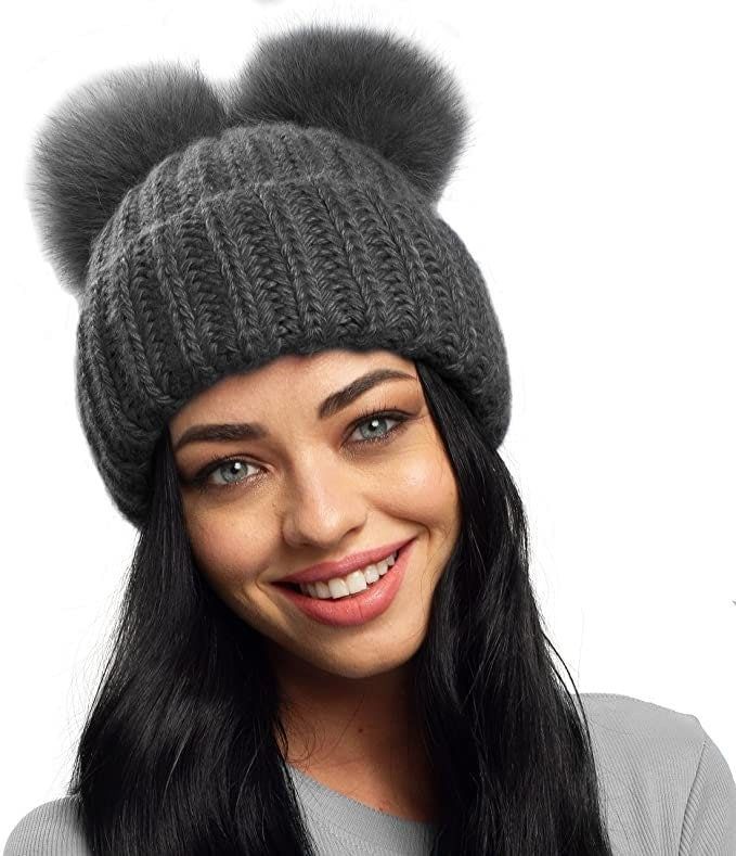 Double Pom Pom Beanie - Faux Fur Knit Hat, Fleece Lined Hat, Pompom Hat, Chunky Knitted Hats, Skiwear, Ski Beanie, Trendy Hats, Hat Gift Carry the look of a double bun hairstyle with this super cute and trendy faux fur double pom pom knit beanie. Ideal for the ski slopes but equally great around town, the chunky fleece lined hat will not itch, keep you ultra warm and you'll look amazing. For any fashionistas, the beanie hat makes a great gift this winter season. The chunky rib stitch pattern all Trendy Winter Bonnet For Cold Weather, Trendy One Size Winter Bonnet, Thick Winter Hats For Cold Weather, Cozy Adjustable Winter Bonnet, Winter Gray Crochet Hat With Soft Knit, Gray Winter Crochet Hat With Soft Knit, Gray Crochet Winter Hat, One Size, Trendy Adjustable Crochet Hat For Winter, Gray Soft Knit Crochet Hat For Winter