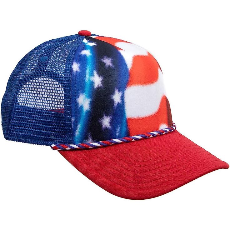 Embrace your American Pride with this Red, White & Blue American Flag Snapback Trucker Hat! The American Flag Accessory is a red, white & blue snapback trucker hat featuring a bright, bold design of the American Flag across the cap and is made of cotton material. The Red, White & Blue American Flag Trucker Hat is available in one size and can easily fit most with the adjustable snapback band feature. The Red, White & Blue American Flag Snapback Trucker Hat is the perfect merchandise to complete Summer Patriotic Trucker Hat With Curved Brim, Patriotic Snapback Summer Hats, Patriotic Snapback Baseball Cap For Summer, Red 5-panel Trucker Hat, Patriotic Snapback Hat For Summer, White Curved Brim Baseball Cap For 4th Of July, White Adjustable Baseball Cap For 4th Of July, Adjustable White Baseball Cap For 4th Of July, 4th Of July White Adjustable Baseball Cap