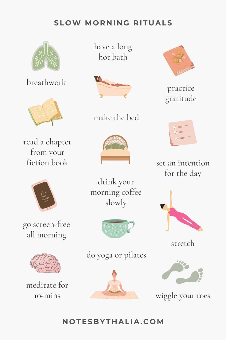 Build a slow morning routine for a more gentle way of living with these 12 slow morning rituals. Black text with colourful graphics. Rituals include breath work, have a long hot bath, practice gratitude, set an intention for the day, drink your morning coffee slowly, stretch, wiggle your toes, do yoga or pilates, make the bed, read a chapter from fiction book, go screen-free all morning, meditate for 10-mins Morning Routine Ideas, Slow Days, Slow Morning, Routine Ideas, Healthy Morning Routine, Self Care Bullet Journal, Vie Motivation, Mental And Emotional Health, Self Care Activities