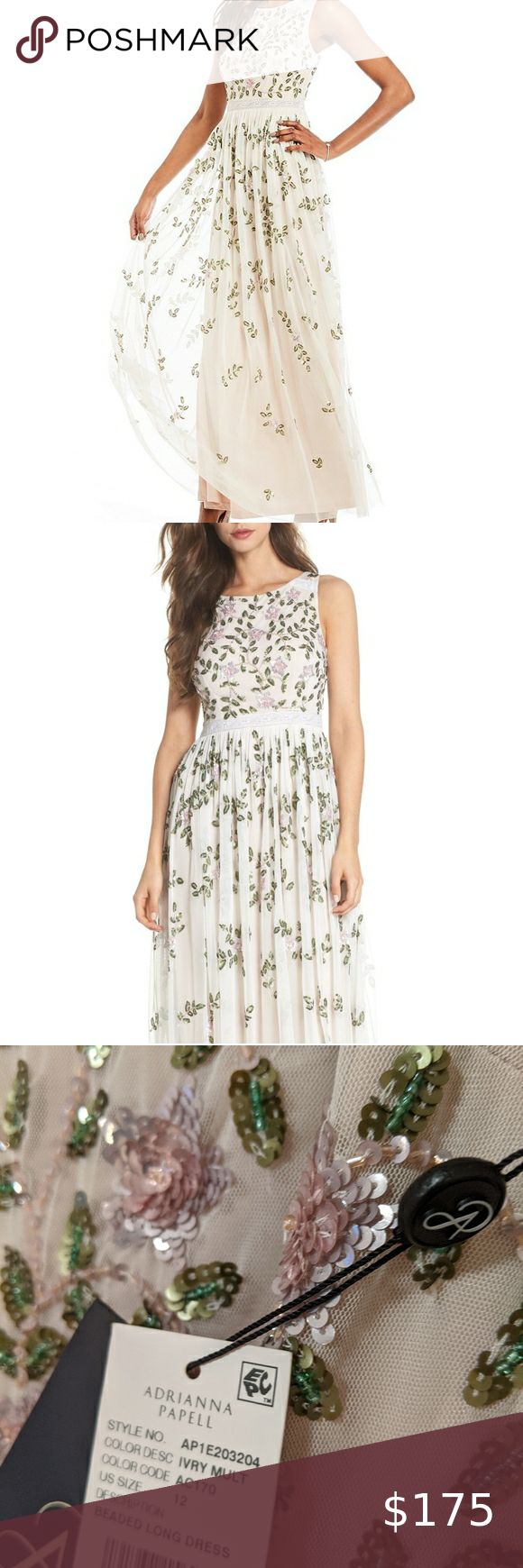 Adrianna Papell Flower Sequin Gown. Beaded dress New with tags   An enchanting garden of sequined flowers drifts over the bodice and trails down the filmy skirt of a romantic gown trimmed in lace. - 61 1/2" length (size 8) - Hidden back-zip closure - Bateau neck - Sleeveless - Lined - 100% polyester - Spot clean - Imported - Special Occasion  Inventory 35 Adrianna Papell Dresses Spring Prom Maxi Dress With Floral Embroidery, Spring Floral Embroidered Maxi Dress For Prom, Elegant Floral Embellished Maxi Dress For Summer, Floral Embellished Maxi Dress For Spring Prom, Floral Embroidered Maxi Dress For Summer Prom, Floral Embroidery Maxi Dress For Summer Prom, Summer Floral Embroidery Maxi Dress For Prom, Spring Prom Maxi Dress With Sequins, Elegant Bridesmaid Dresses With Floral Applique