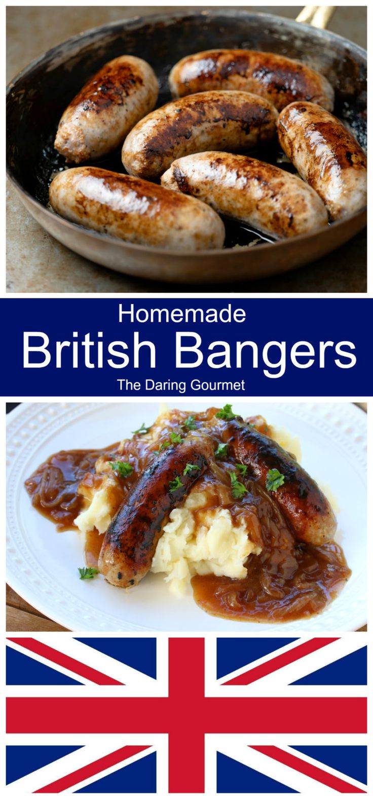 some sausages and mashed potatoes in a pan with the british flag behind them