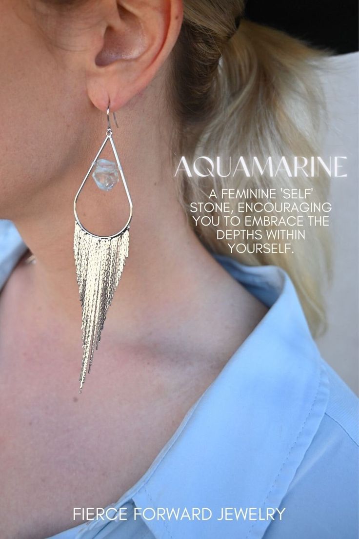 "There's something about silver and raw Aquamarine. The blue crystals paired with the silver fringe is stunning! Wear these to a concert, a friend's wedding, your wedding, on your Zoom calls and to any event! Everyone will be asking you where you got these. The perfect boho statement earring you'll wear anytime you want to feel fierce, beautiful and like the goddess you are. ▲ Aquamarine crystals ▲ Choose silver or gold plated earrings ▲ Weight: .22 oz  ▲ Drop length 5.25\" ▲ Handmade in Arizona Silver Latkan Tassel Drop Earrings, Silver Tassel Dangle Earrings, Silver Dangle Tassel Earrings With Latkans, Silver Tassel Earrings For Gifts, Silver Jewelry With Dangling Charms For Wedding, Silver Long Drop Tassel Earrings As Gift, Silver Long Drop Tassel Earrings For Gift, Silver Teardrop Chandelier Earrings With Latkans, Silver Tassel Earrings With Latkans As Gift