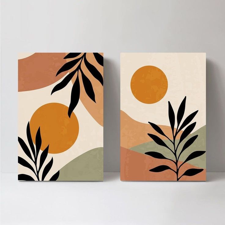 two canvases with plants and oranges on them