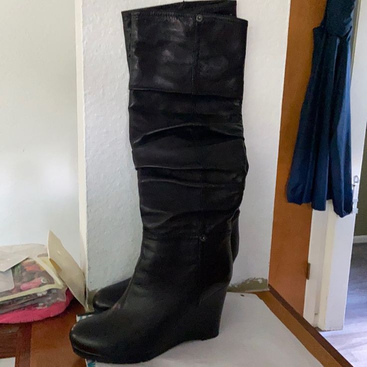 Never Worn! Tall Knee High Black Leather Slouch Wedge Prada Boots Tall Wedge Boots, Prada Boots, Prada Shoes, Wedge Boots, Shoes Black, Shoes Heels Boots, Shoes Women Heels, Knee High, Heeled Boots