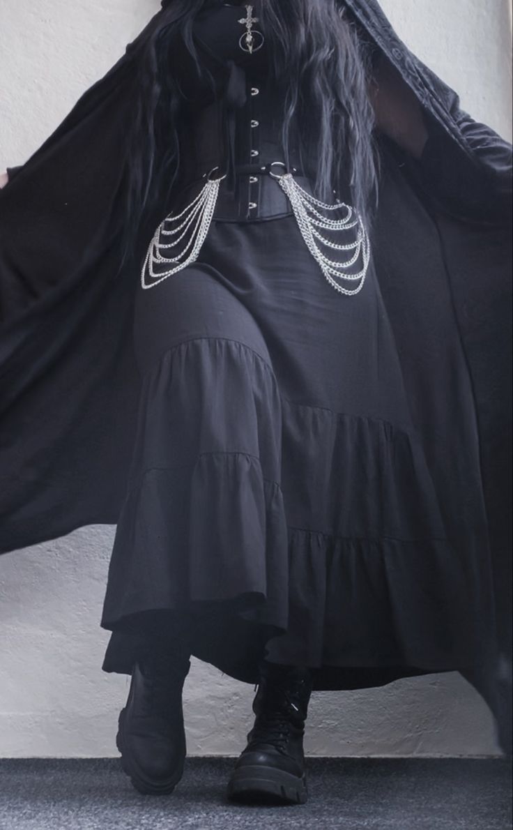 gothic outfit, fashion inspo :) corset, chainbelt, long skirt and cardigan Long Black Skirt Goth Outfit, Long Skirt And Cardigan, Goth Long Skirt, Skirt And Cardigan, Gothic Outfit, Goth Outfit, Corset Skirt, School Looks, Cardigan Outfits