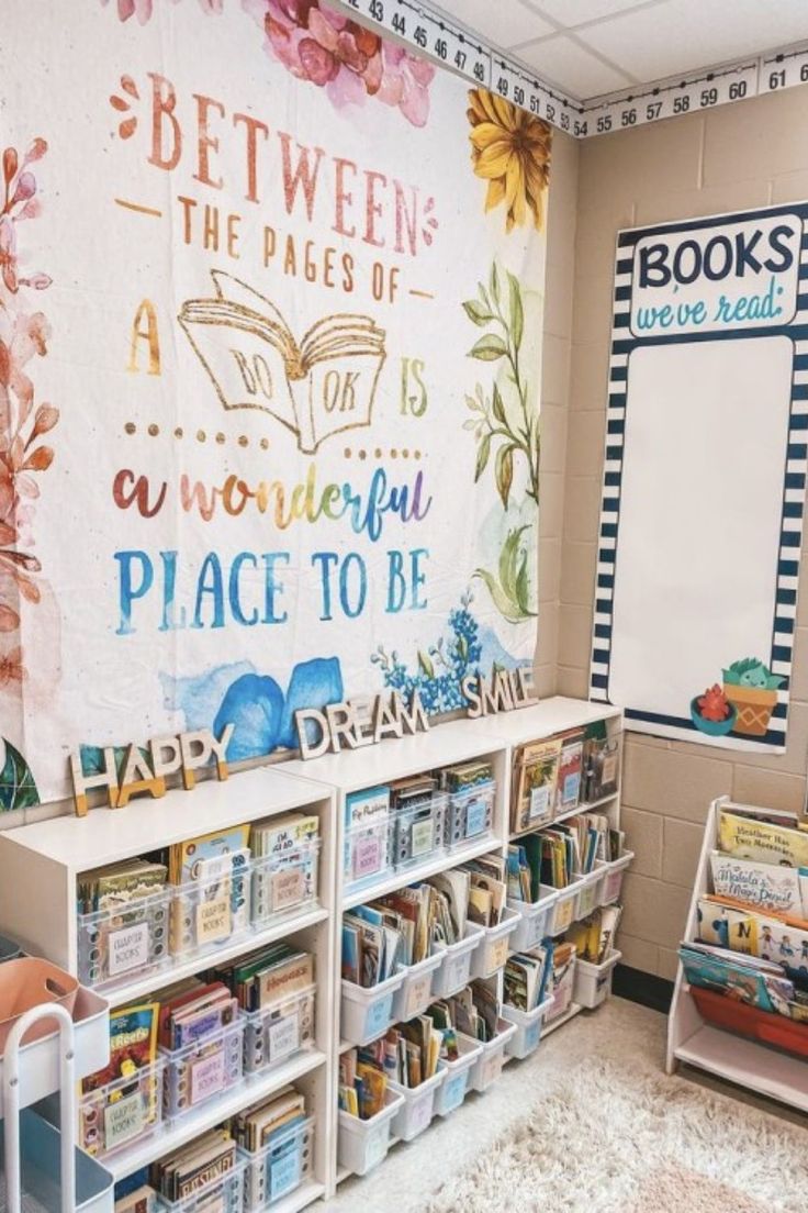 the children's library is decorated with books