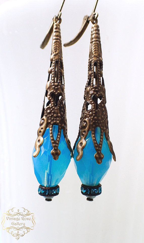 Art Deco Earrings , Sky Blue Bohemian Earrings, Vintage style Blue Earrings, Bridesmaid Gift Earrings  by VintageRoseGallery . Vintage Blue Dangle Earrings, Blue Bohemian Earrings For Pierced Ears, Artistic Blue Party Earrings, Bohemian Dangle Earrings For Evening, Turquoise Earrings For Evening, Handmade Blue Jewelry For Evening, Bohemian Metal Earrings For Evening, Blue Bohemian Plug Earrings, Blue Teardrop Earrings For Evening