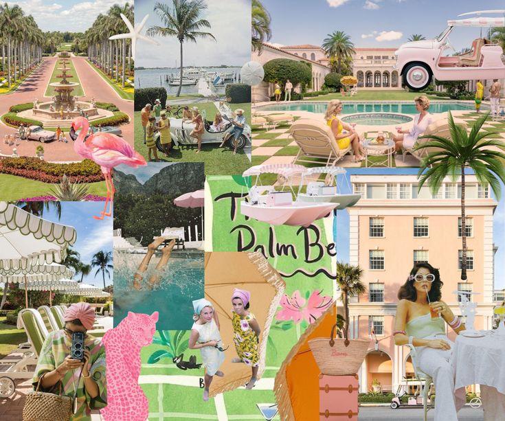 a collage of photos with people sitting and standing in lawn chairs, palm trees, pink flamingos, buildings, and pool