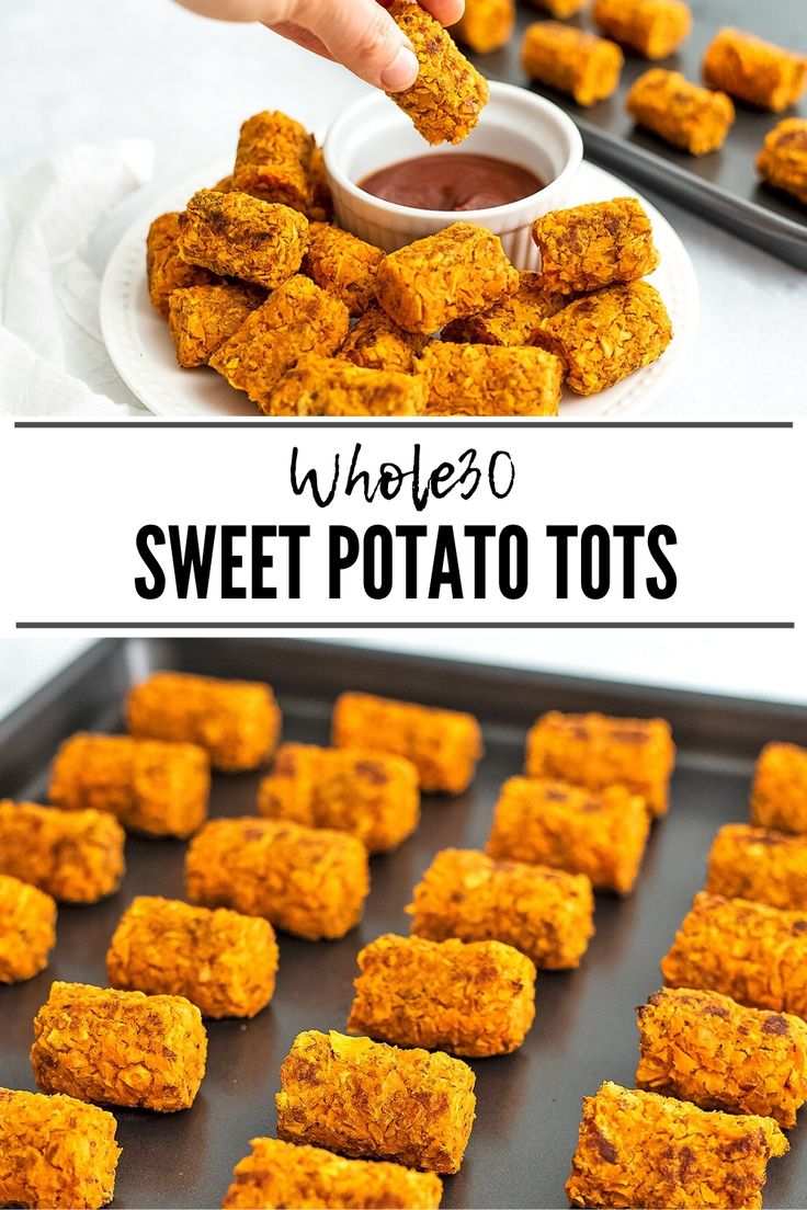 Photo on top is a hand dunking a sweet potato tot into ketchup. The photo on the bottom is a baking dish filled with sweet potato tots. Sweet Potato Tots Air Fryer, Paleo Tater Tots, Yam Recipes Healthy, Whole 30 Sweet Potato Recipes, Sweet Potato Toddler Recipes, Healthy Tots, Yams Recipe Healthy, Sweet Potato Tots Recipe, Sweet Potato Balls Recipe