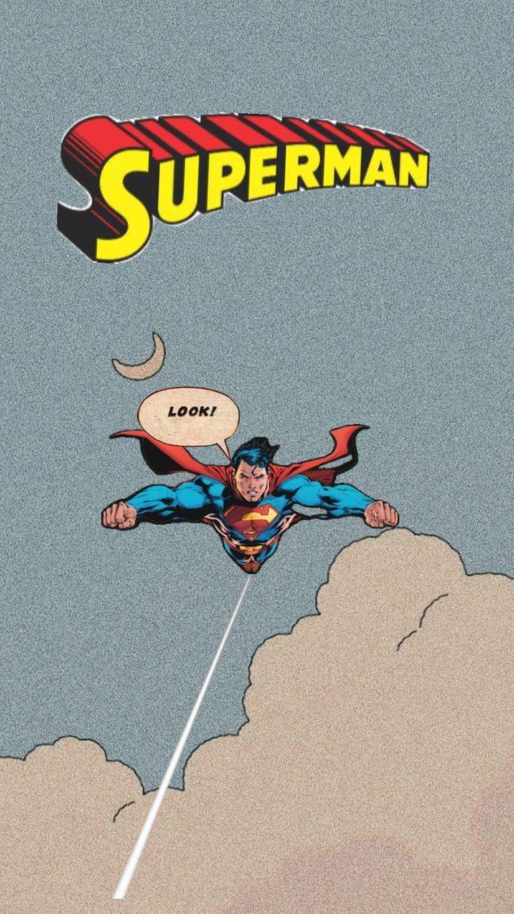 superman flying through the air with his caped head in front of him and an arrow above