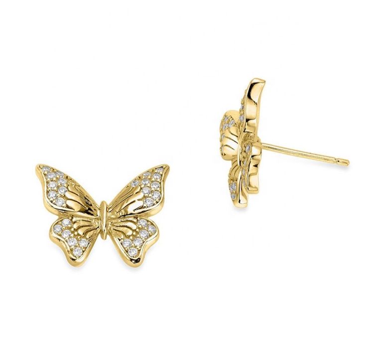 Dahlia Butterfly Stud Earrings Yellow Gold Butterfly Shaped Jewelry With Cubic Zirconia, Yellow Gold Cubic Zirconia Butterfly Jewelry, Elegant Gold Earrings With Butterfly Charm, Gold Butterfly Earrings Fine Jewelry, Butterfly-shaped Yellow Gold Earrings For Anniversary, Gold Butterfly Fine Jewelry Earrings, Yellow Gold Butterfly Earrings For Anniversary, Butterfly-shaped Yellow Gold Anniversary Earrings, 14k Yellow Gold Earrings With Butterfly Charm