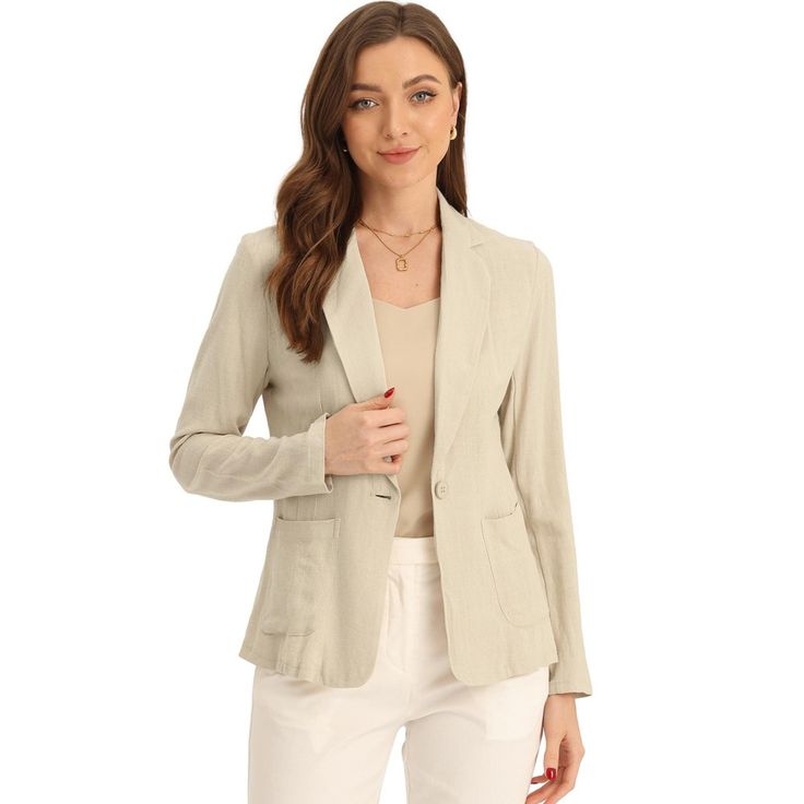 This linen blazer strikes the perfect balance between casual and sophisticated style. With its relaxed fit and notch lapel, it adds a touch of refinement to any outfit while still maintaining a laid-back vibe. The one-button design of this suit jacket makes it incredibly versatile. It can be dressed up for formal occasions or paired with jeans or skirts for a more casual look. Spring Business Casual Button-up Blazer, Spring Notched Blazer For Business Casual, Casual Single Button Office Blazer, Casual Single Button Blazer For Office, Casual Notched Blazer For Business, Single Button Linen Blazer For Office, Linen Single Button Blazer For Office, Casual Notch Lapel Blazer For Office, Casual Blazer With Notched Lapel For Business Casual