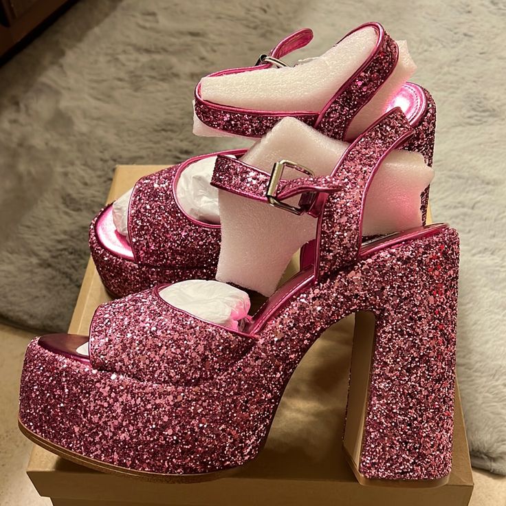 Steve Madden Pink Glitter Platform Sandals Size 10, Never Worn, Only Tried On, Very Sturdy, Has An Adjustable Ankle Strap For Entry/Exit, True To Size, Will Come From Pet/Smoke Free Home, Much Prettier In Person Party Sandals With Glitter Accents, Glitter Open Heel Synthetic Heels, Spring Open Toe Heels With Glitter Accents, Glamorous Sandals With Glitter Accents, Glamorous Synthetic Sandals With Glitter Accents, Glamorous High Heel Sandals With Glitter Accents, Spring Glitter Open Toe Heels, Glamorous High Heel Sandals With Glitter, Glamorous Pink Sandals With Round Toe