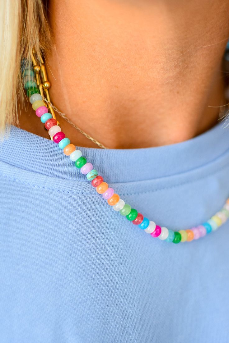 Add a pop of color to your outfit with our Rainbow Necklace Luxe - Confetti Gemstone! This on trend necklace stack features vibrant gemstones, so unique, making it a best seller with five stars. Stand out and be the envy of others with this playful and stylish piece. Product Details: 16" lobster claw 2" extender Everyday Rainbow Jewelry For Summer, Fun Multicolor Everyday Jewelry, Everyday Summer Rainbow Jewelry, Summer Everyday Rainbow Jewelry, Multicolor Summer Jewelry With Faceted Beads, Trendy Beaded Necklaces For Gift, Trendy Beaded Necklace For Gifts, Trendy Crystal Necklace With Beaded Chain, Trendy Multicolor Jewelry For Everyday