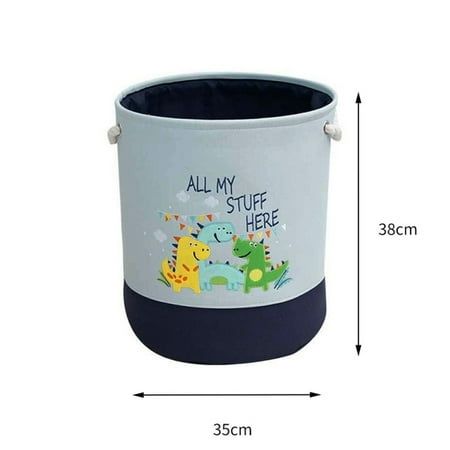 a white and blue bucket with an all my stuff here design on the side, next to measurements