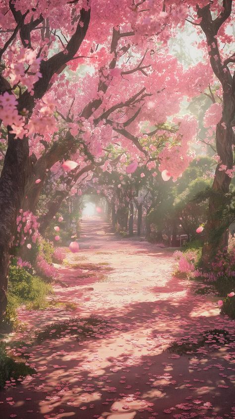 a pathway with pink flowers on the trees