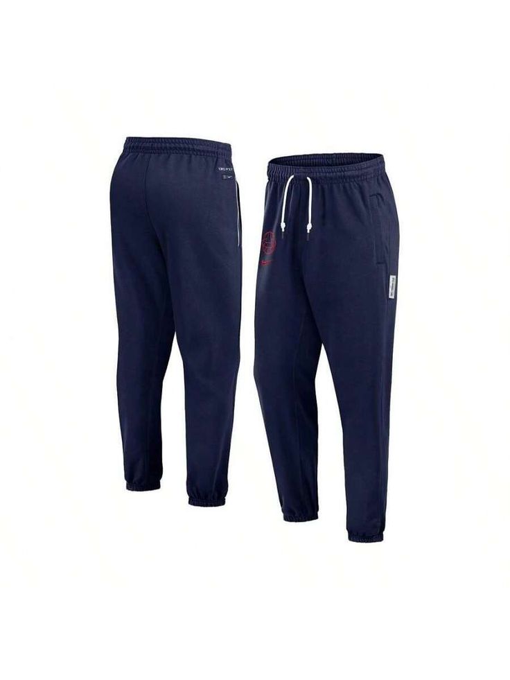 Stay warm and dry in these Paris Saint-Germain Standard Issue pants from Nike. Made out of soft, lightweight French terry fabric, they feel like classic sweats and feature sweat-wicking Dri-FIT technology. Embroidered Paris Saint-Germain details let everyone see where your loyalty lies on the pitch. 
Officially licensed 
Dri-FIT technology wicks away moisture 
Size M inseam measures approximately 28.5" 
Standard issue woven tag 
Two side pockets 
Standard fit 
Elastic cuffs 
Vertical zippered po Moisture-wicking Cotton Pants For Sports Season, Moisture-wicking Cotton Pants For Sports, Moisture-wicking Cotton Sports Pants, Navy Relaxed Fit Sports Pants, Sporty Navy Bottoms For Leisure, Sports Sweats With Comfort Waistband, Moisture-wicking Fleece Bottoms For Jogging, Navy Sportswear Pants, Navy Sportswear Sweatpants With Pockets