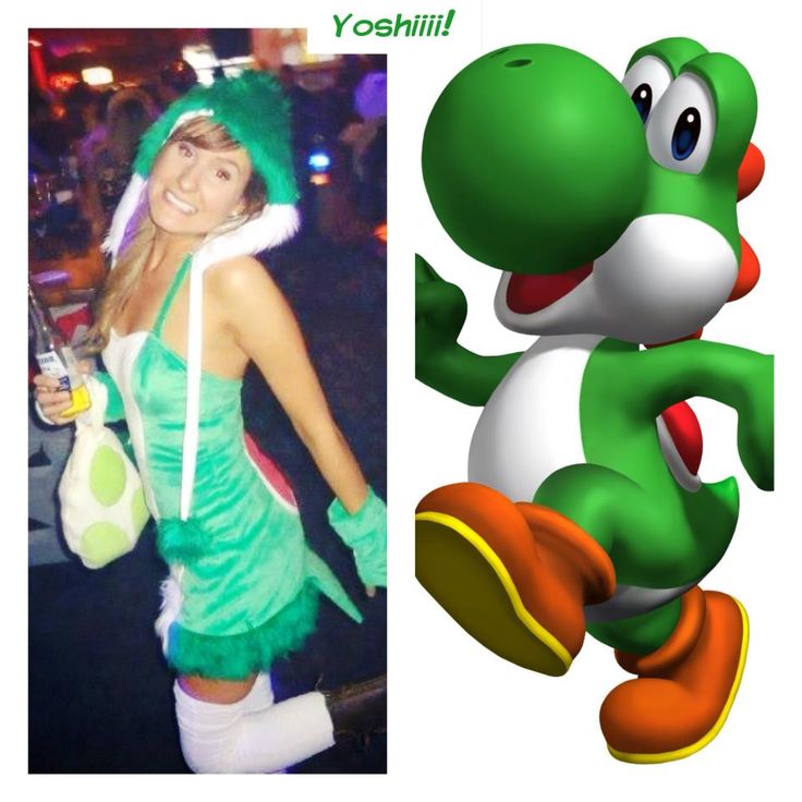 a woman in a green dress next to an image of a cartoon character wearing a costume