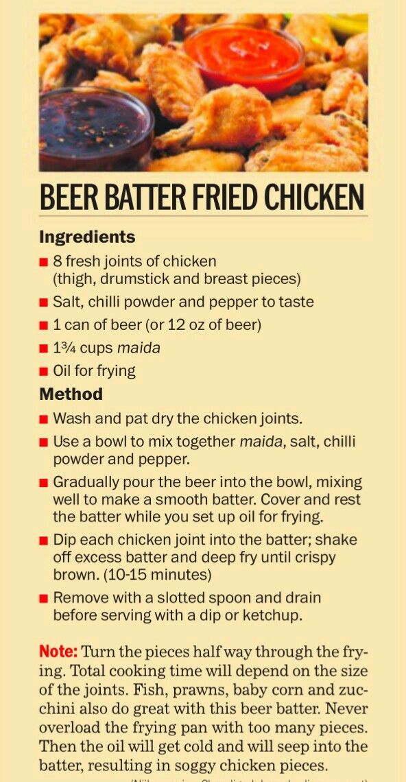 a recipe for beer batter fried chicken on a sheet of paper with the instructions below