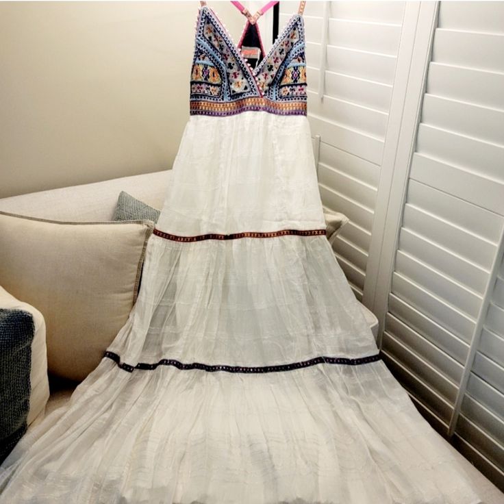 Free People Party Soleil Embroidered Beaded Maxi Dress! Rare And Beautiful! Gorgeous Intricate Embroidery Is On The Top And In The Horizontal Stripes, Along With Beaded Accents And Frayed Tiers. Fully Lined. Original Price $350.00. New Without Tags! Never Got A Chance To Wear Size 10. Ankle Strap Chunky Heels, Beaded Maxi Dress, Intricate Embroidery, Horizontal Stripes, Free People Dress, Chunky Heels, Ankle Strap, Colorful Dresses, Free People