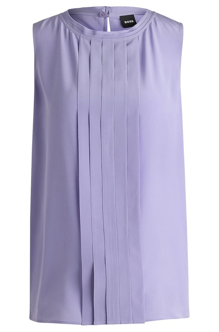 Pleat-front sleeveless blouse in washed silk -  Purple  Business Blouses from BOSS for Women for  in the official HUGO BOSS Online Store free shipping Elegant Pleated Silk Blouse, Elegant Silk Pleated Blouse, Elegant Pleated Summer Blouse, Elegant Summer Pleated Blouse, Formal Pleated Silk Blouse, Chic Pleated Silk Top, Chic Silk Pleated Top, Elegant Pleated Silk Tops, Elegant Sleeveless Pleated Top