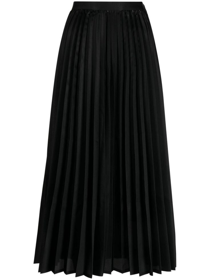 black fully pleated elasticated waistband flared hem mid-length Luxury Long Pleated Skirt With Accordion Pleats, Chic Maxi Skirt With Pleated Hem, Chic Flared Maxi Skirt With Pleated Hem, Chic Accordion Pleated Midi Maxi Skirt, Chic Midi Maxi Skirt With Accordion Pleats, Chic Relaxed Pleated Maxi Skirt, Chic Long Pleated Skirt With Elastic Waistband, Elegant Long Pleated Skirt With Elastic Waistband, Chic Pleated Midi Maxi Skirt