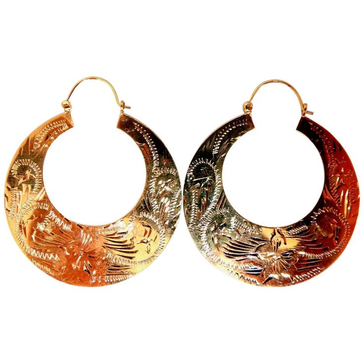 Graver Carved Tibet Crescent Deco Earrings Intricate Carvings 1.6 inch Diameter Comfortable Lever Post Clip 7.6 grams / 14kt. Yellow Gold Earrings are gorgeous made Deco Earrings, Yellow Gold Earrings, Yellow Gold Earring, Jewelry Earrings Hoops, Tibet, Boho Style, Crescent, Hippie Boho, Gold Earrings