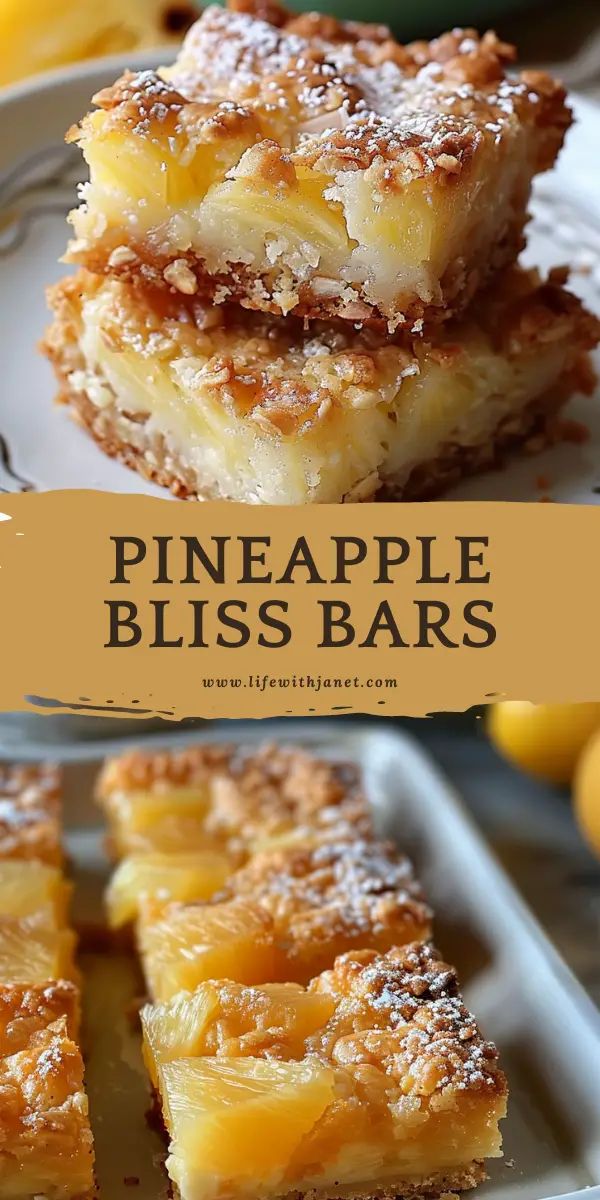 pineapple bliss bars on a plate with lemons in the background and text overlay