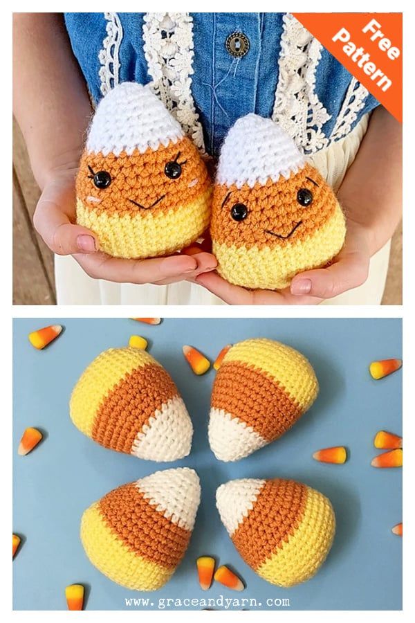 crocheted candy corn slippers are shown in three different colors