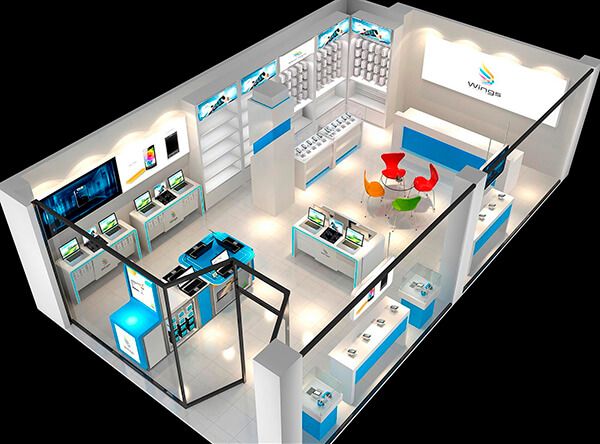 the interior of an electronics store with all white furniture and accessories, including blue accents