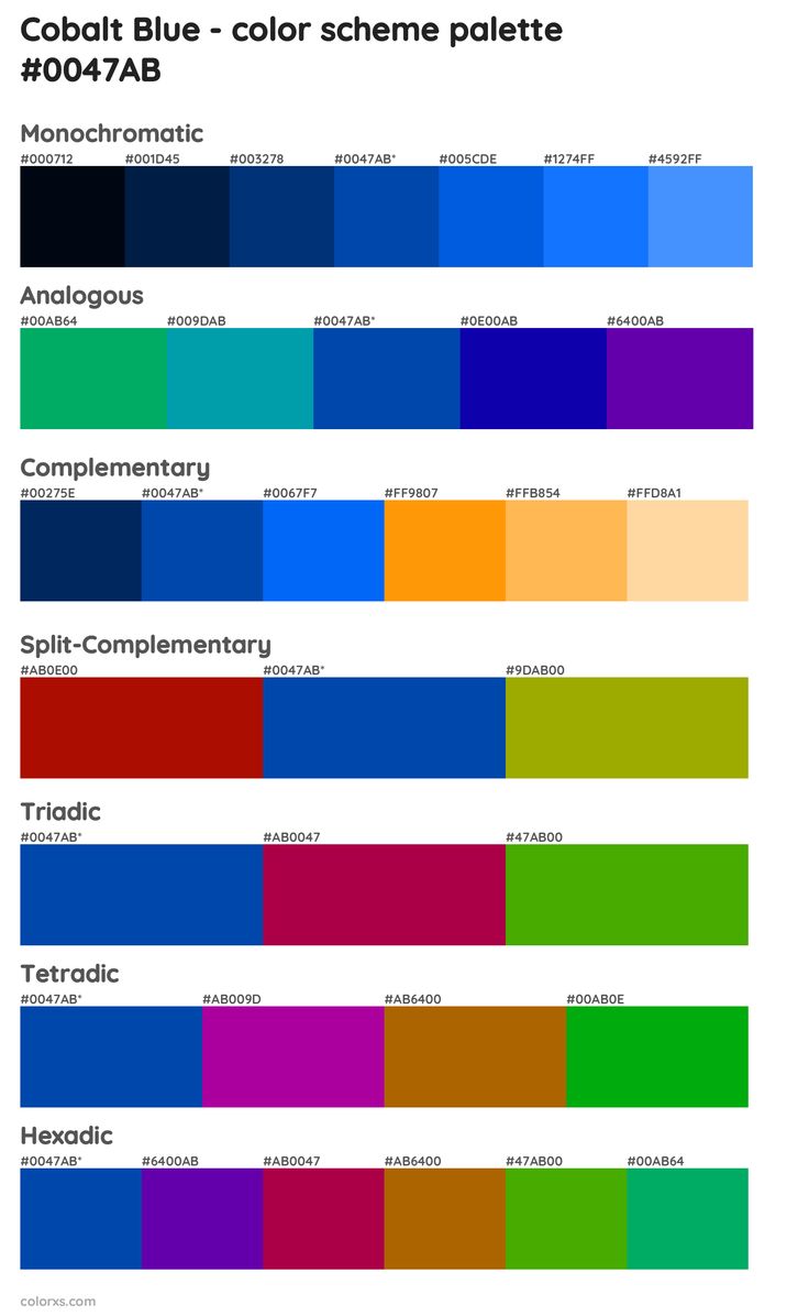 the color chart for cobalt blue, red, and green hues in different colors