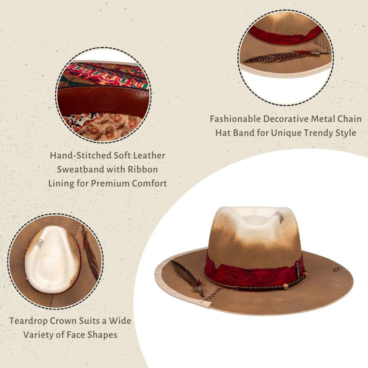 Dakota is distinguished by its exquisite tie-dye design that blends warm earthy tones reminiscent of a desert sunset. Each hat is meticulously handcrafted, ensuring a unique piece every time. The vibrant red band, adorned with natural beads and a delicately designed feather, adds a touch of bohemian flair and cultural richness. Whether you're at a music festival or enjoying a day out, this hat will elevate your style and make a bold statement. Embrace your adventurous spirit and unique individuality with the Dakota Sunset Fedora. Australian wool felt Hand-embroidered star signature Unique tie-dye technique with vintage charm Bohemian style patchwork lining Package includes two (free) size reducers to achieve a perfect fit (valued at $10) Brown Bohemian Hat Bands For Kentucky Derby, Bohemian Brown Hat Bands For Kentucky Derby, Hand Dyed Adjustable Hat With Curved Brim, Artisan Brown Hat For Western-themed Events, Adjustable Hand Dyed Hat With Curved Brim, Handmade Brown Artisan Fedora, Brown Southwestern Fedora For Kentucky Derby, Artisan Brown Hat Bands For Western-themed Events, Artisan Brown Hat Band For Western-themed Events