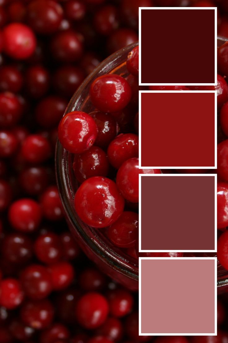 a glass bowl filled with cherries next to red and pink colors in the background