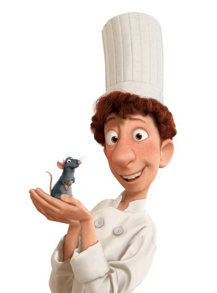 a cartoon character is holding a mouse in his hand while wearing a chef's hat