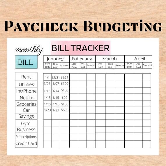 a printable bill tracker is shown with the words paycheck budgeting on it