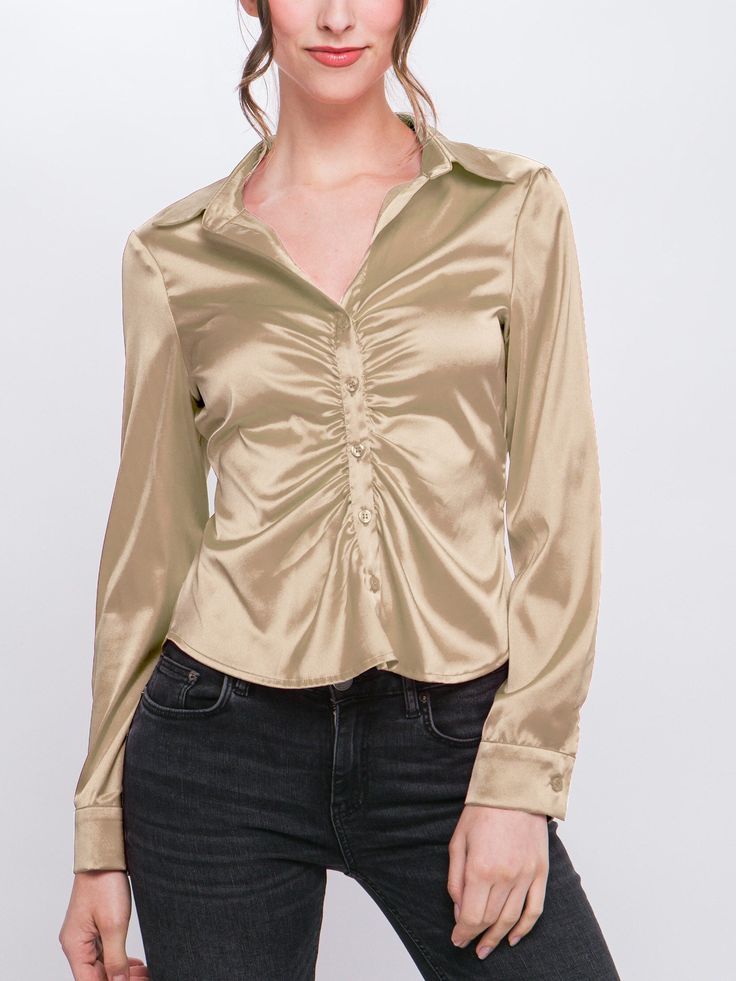 "Khaki , Green, Pink, Red Ships 10/01 Button up Stretchy Satin blouse.  This blouse features a ruched front detail and long sleeves, giving it a vintage and retro look.  Perfect for the office or any formal occasion. Great for tucking into skirts or pants and can be dressed up or down depending on the occasion.  The blouse comes in a variety of colors, making it easy to find the perfect match for your style.  Add it to your cart now and experience the ultimate in style and comfort with our Button up Stretchy Satin blouse. Please check our US number size regarding our S/M/L: Small (US 2-4), Medium (4-6), Large (6-8) -Small Pit to Pit (in the back): 16\" -Medium Pit to Pit: 17\" -Large Pit to Pit (in the Back): 18\" Available in Black, Blue, Cream, Copper, Rose Gold From Size Small to Large Fitted Button Shirt For Night Out, Fitted Collared Top For Date Night, Solid Color Button-up Party Blouse, Solid Color Party Shirt With Button Closure, Solid Color Button-up Blouse For Party, Solid Button-up Blouse For Party, Button-up Tops For Date Night, Fitted Collared Blouse For Date Night, Fitted Shirt For Date Night