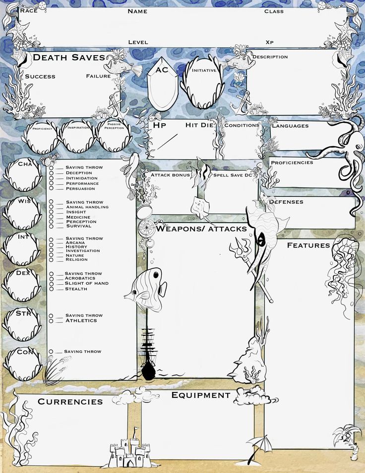 Hand drawn and painted character sheets for D&D.  Included is a PDF of 3 high resolution (8.5 x 11 paper) character sheets, with space for spells, character description, and more. Dnd Notes, Mermaid Sheets, Paper Character, Rpg Character Sheet, Dnd Journal, Dnd 5, Dnd Character Sheet, Dnd Crafts, Character Sheet Template