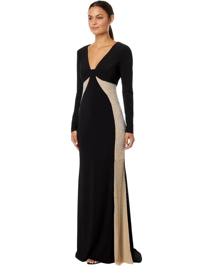 XSCAPE Long Sleeve Ity with Caviar Beads | Zappos.com Xscape Dresses, Beaded Gown, Gala Dresses, Mother Of The Groom, Plunging Neckline, Top Trends, A Smile, Bridal Dresses, Beautiful Dresses