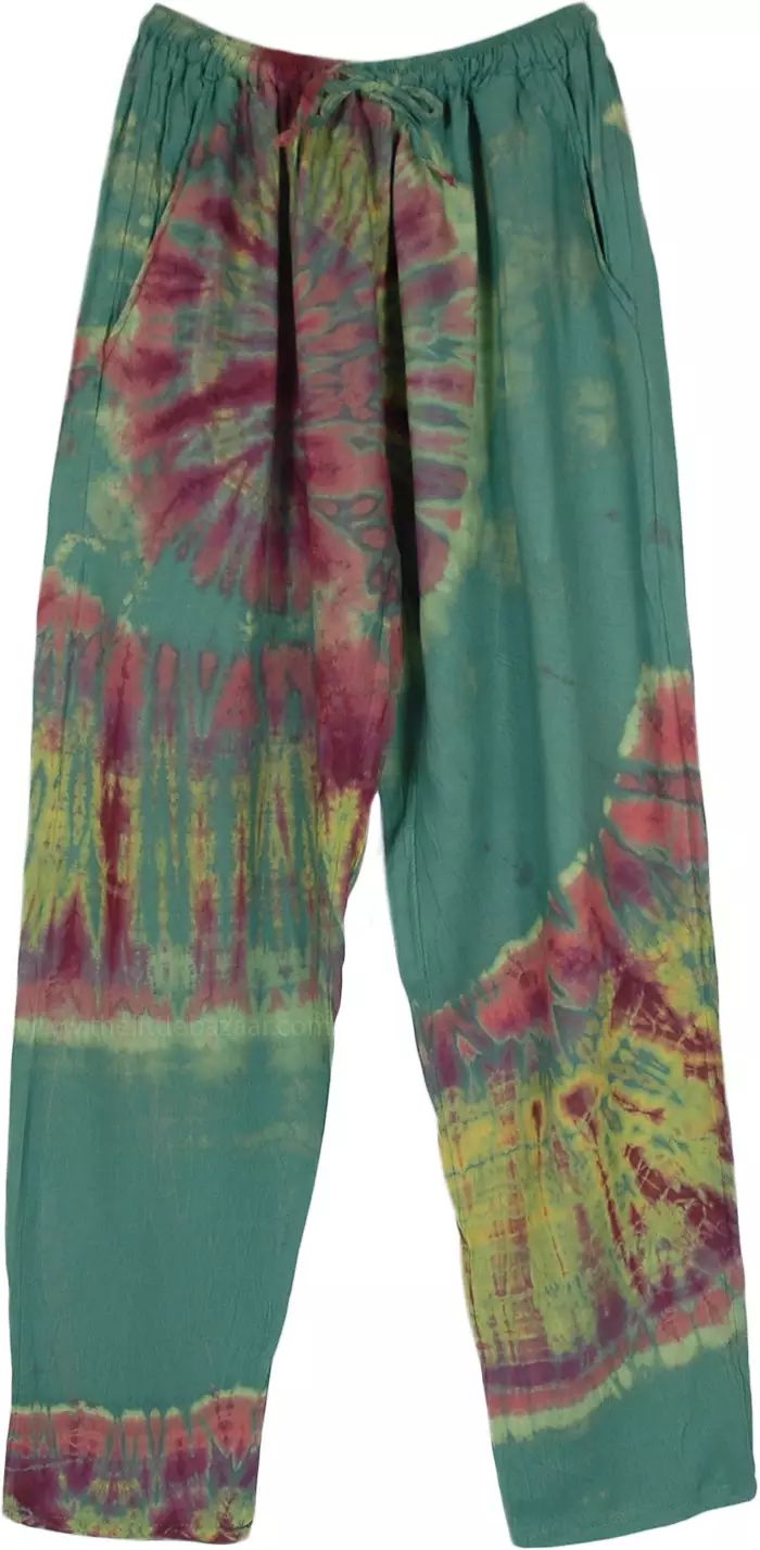 Green Jade Tie Dye Tapered Lounge Pants | Green | Split-Skirts-Pants, Tie-Dye, Bohemian Casual Green Harem Pants For Summer, Casual Multicolor Harem Pants For Vacation, Spring Hippie Loungewear Pants, Hippie Style Spring Loungewear Pants, Summer Green Harem Pants With Elastic Waistband, Green Harem Pants With Elastic Waistband, Green Relaxed Fit Harem Pants With Elastic Waistband, Casual Green Harem Pants For Vacation, Tie Dye Hippie Harem Pants For Festivals