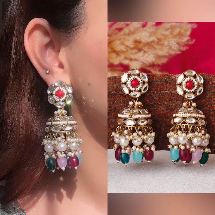 Make a style statement with these vibrant multicolored long jhumkas! Handcrafted with love and attention to detail, these exquisite earrings are a true work of art. The unique design features a stunning combination of colors, creating a mesmerizing effect that is sure to catch everyone's eye. Made with high-quality materials, these jhumkas are lightweight and comfortable to wear all day long. Whether you're dressing up for a special occasion or looking to add a pop of color to your everyday attire, these multicolored long jhumkas are the perfect accessory. Embrace your individuality and showcase your love for unique jewelry with these delightful earrings! Elegant Multicolor Cutdana Jhumkas, Multicolor Latkans Jhumkas For Navratri, Multicolor Chandbali Earrings With Cutdana, Multicolor Jhumkas For Diwali, Multicolor Latkans Earrings For Diwali, Multicolor Kundan Jhumkas With Cutdana, Multicolor Jhumkas For Navratri Festival, Multicolor Latkan Earrings For Diwali, Multicolor Chandbali Jhumkas For Festive Occasions