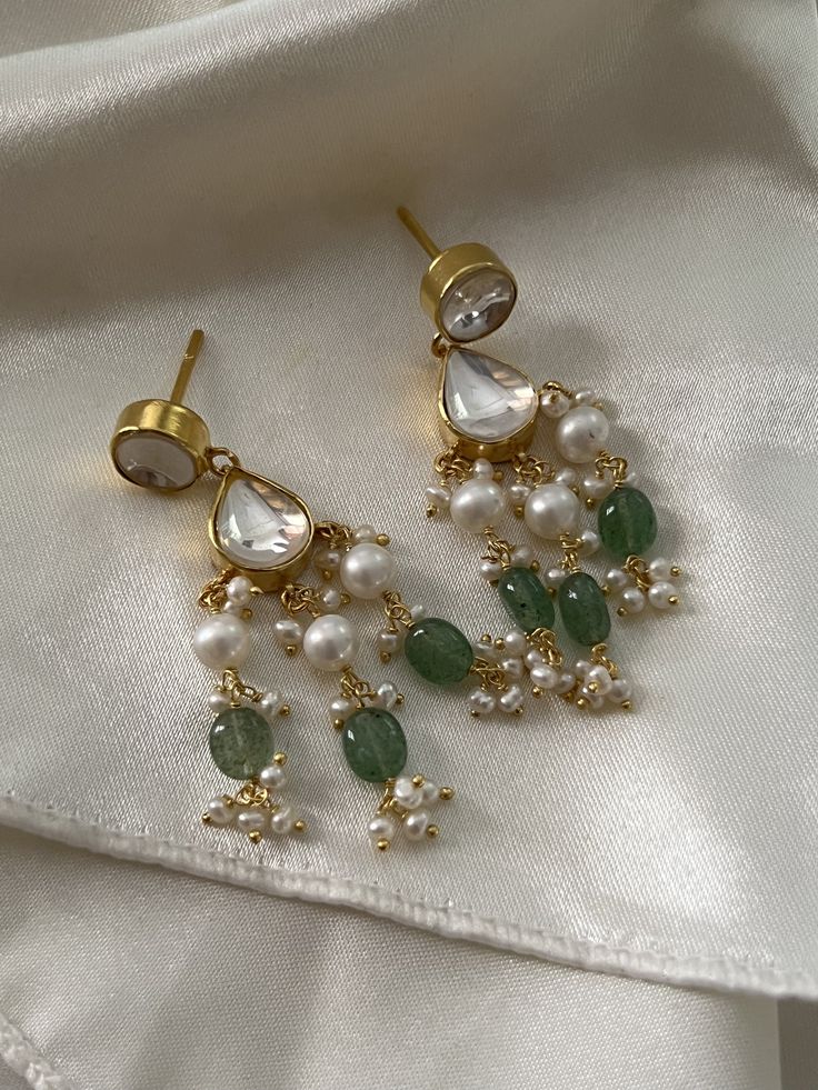 Festive Elegant Dangling Bead Earrings, Festive Elegant Earrings With Dangling Beads, Green Gemstone Round Bead Earrings, Elegant Pearl Earrings With Dangling Beads For Festivals, Green Gemstone Earrings With Round Beads, Elegant Latkan Earrings With Round Beads, Elegant Latkans Earrings, Elegant Beaded Earrings With Dangling Beads For Festivals, Elegant Dangling Beads Earrings For Festivals