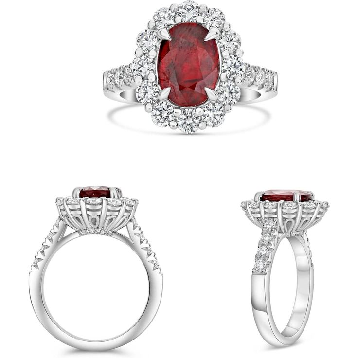 Roman & Jules - Oval Ruby Ring Luxury Oval Ruby Diamond Ring, Luxury Ruby Ring With Halo, Luxury Oval Ruby Ring With Prong Setting, Oval Ruby Ring With Diamond Center Stone, Elegant Platinum Ruby Ring With Round Cut, Oval Ruby Jewelry With Brilliant Cut For Weddings, Luxury Ruby Halo Diamond Ring, Luxury Ruby Diamond Ring With Halo, Luxury Ruby Ring With Diamond Halo