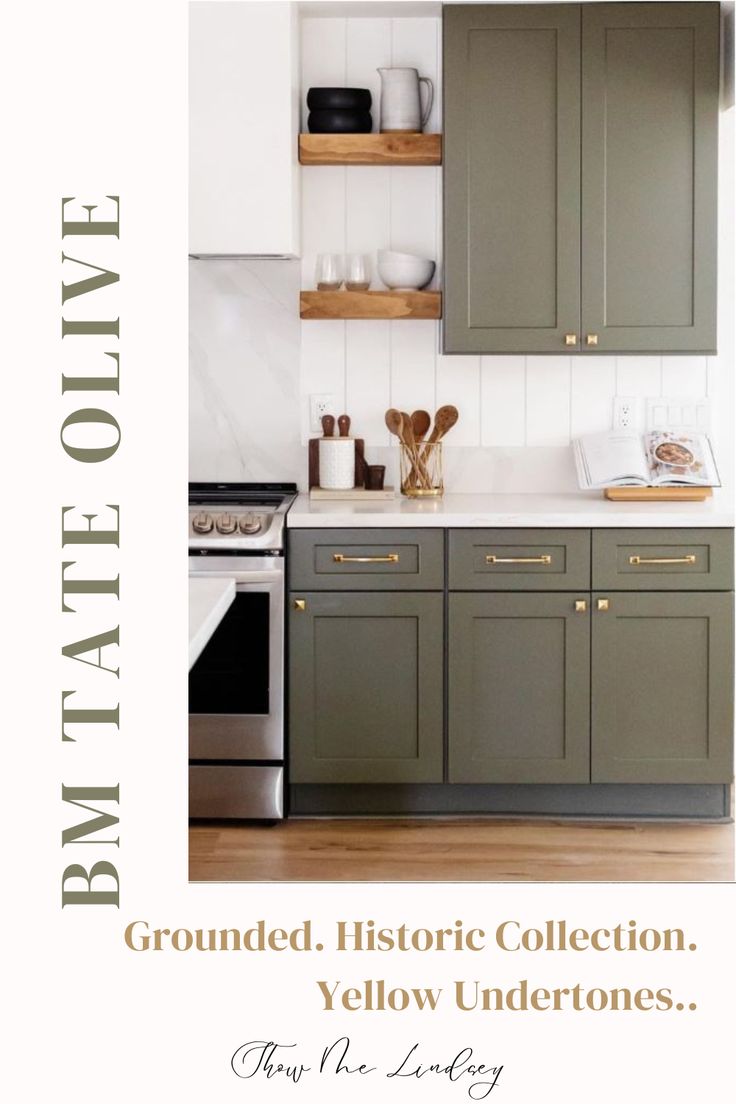 a kitchen with green cabinets and white counter tops in the center is an advertisement for bria allene's historical collection, yellow undertones