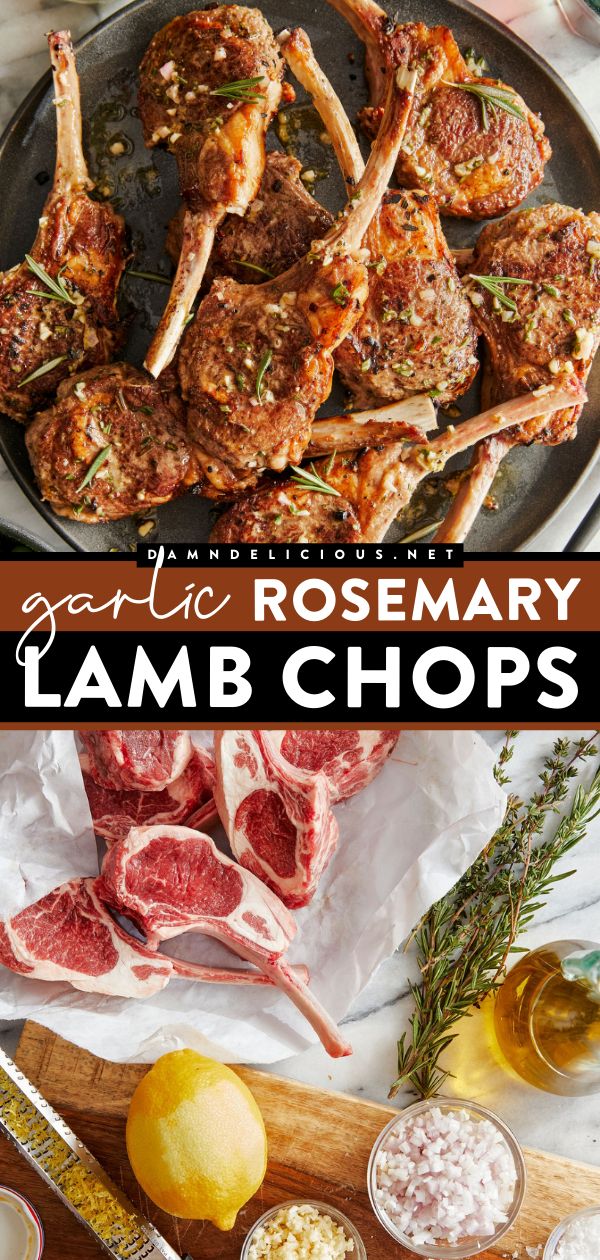 lamb chops on a platter with garlic and rosemary