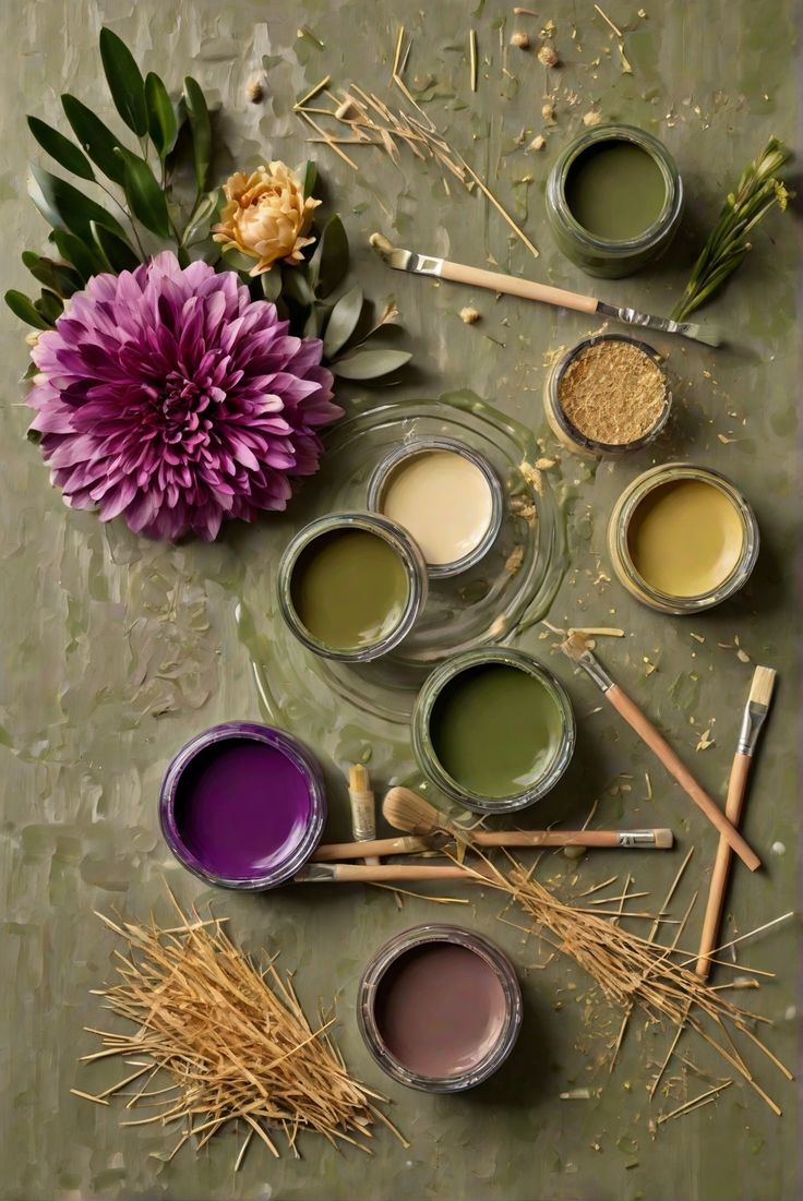 some paint cans and flowers on a table with sticks, spoons and other items